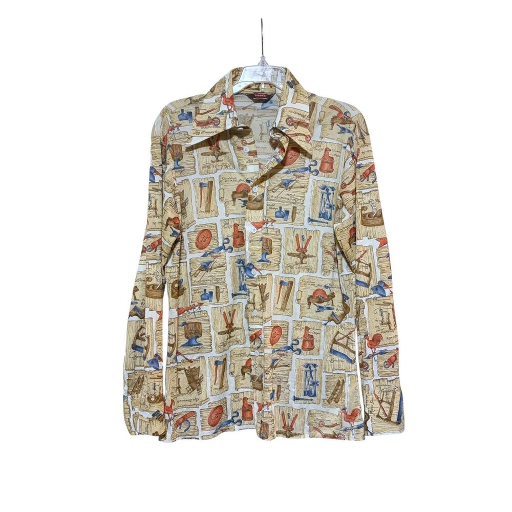 VTG Levis Carpenter Print Shirt M Dagger Collar AOP Tools Western Rockabilly